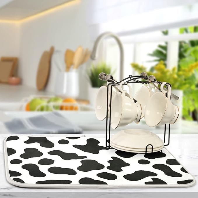 Cow Spots Black and White Dish Drying Mat 16x18 for Kitchen Counter Rustic Farm House Country Style Dishes Pad Absorbent Fast Dry Dish Draining Mats Large Kitchen Accessories