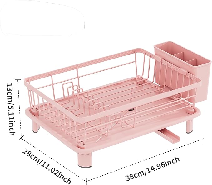 BULIJUJU Small Dish Drying Rack, Space Saving Dish Racks for Kitchen Counter, Kitchen Organizer Dish Drainer with Cutlery Holder for Spoons and Forks, 11''W x 15''L, Pink