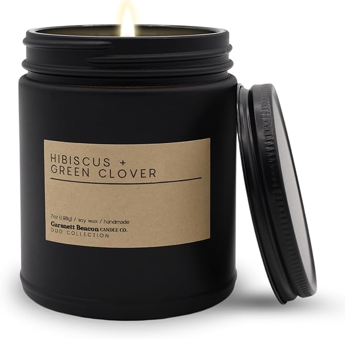 Hibiscus + Green Clover | Luxury Scented Matte Black Jar Soy Candle with Box | Hand Poured in The US | Highly Scented & Long Lasting