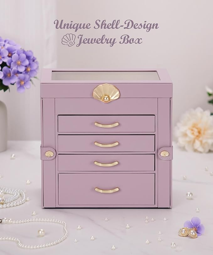 Jewelry Box with 4 Drawers: Display Organizer for Earrings Necklaces - Gifts for Girls Women (Grey Purple)