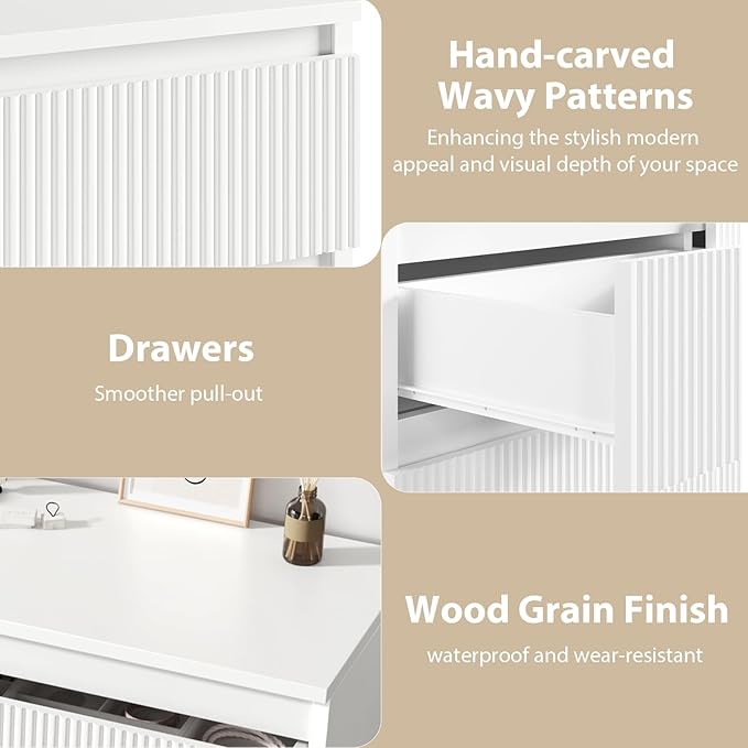 6 Drawer Dresser, Fluted Dresser for Bedroom with Sleek Hidden Handles, Bedroom Dressers with Drawers, Wood Closet Clothes Storage Organizer for Bedroom, Pure White