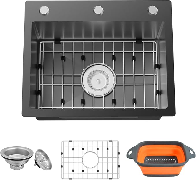 Black 19.7x15.7 Inch Kitchen And Bar Sink - Stainless Steel Drop In Small Single Bowl Kitchen Sink Come With Bottom Grid, Colander And Drain Assembly Set Ideal Choice For Small Spaces Kitchen&Bar