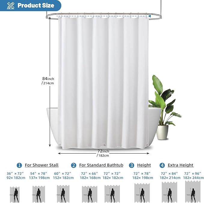 THAIGEE Water-Repellent Extra Long Fabric Shower Curtain Liner - Hotel Quality Machine Washable, 3 Heavy-Duty Magnets with Rustproof Grommets & Weighted Hem, Standard Size 72x84in White
