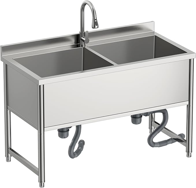 47" Stainless Steel Commercial Sink 2 Bowl Freestanding Kitchen Sink with Pull-out Faucet, Large Utility Sink for Kitchen, Dishwashing, Thawing, Laundry Room, Garage, Outdoor, Total Capacity 50 Gallon