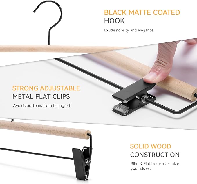 Nature Smile Deluxe Beech Wooden Pants Hangers Bottom Hanger Jeans Hanger Trousers Skirt Hanger with 2-Adjustable Black Matt Clips and Hook 20 Pack (Natural Wood+Black Metal)