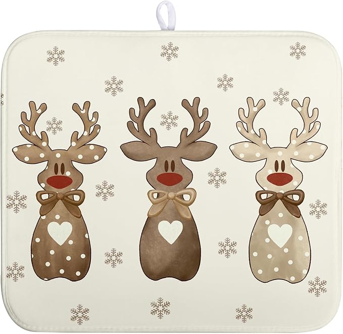 Wnoesat Christmas Reindeer Snowflakes Dish Drying Mat for Kitchen Counter 16x18 Inch Winter Xmas Holiday Drying Pads Microfiber Absorbent Dish Draining Mat Large Dish Drainer Rack Mat