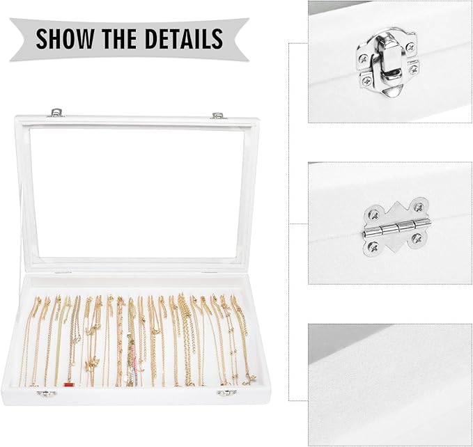 Necklace Organizer Box Premium 20 Hooks Velvet Necklace Display Jewelry Tray with Transparent Lid Jewelry Necklace Display Box for Necklace Pendants Suitable for Women and Girls (Ivory)