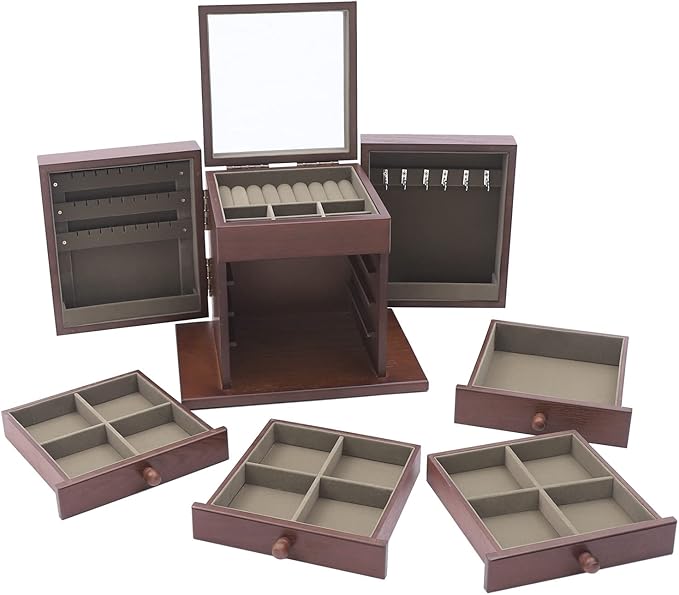 Large Wooden Jewelry Box 5 Layers Jewelry Storage with Mirror and 4 Drawers Gift for Women and Girls Necklace Ring Storage Box (Coffee+Carving)