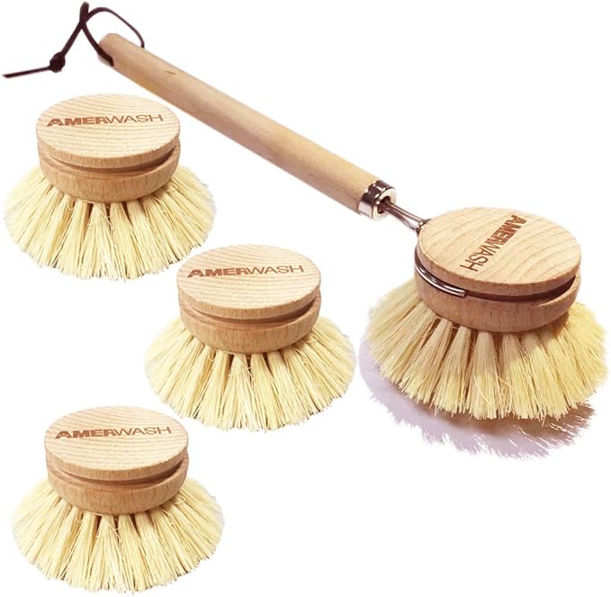 AMERWASH PLUS Dish Brush with Wooden Handle, Natural Kitchen Brush for Dishes Vegetable, Pots and Pans, Tampico Fiber Bristles Scrubber, Extra 3 Pack Replacement Head Included
