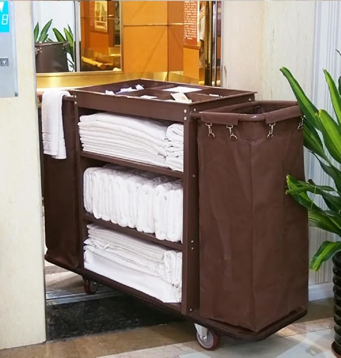 Multifunctional Housekeeping Caddy, Compact Service Trolley, Hotel Cleaning Cart with Removable Canvas Bags & Locking Wheels for Housekeeping Hotels Apartment,001