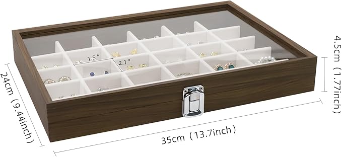 Wudygirl Jewelry Organizer Vintage Jewelry Tray Wooden Earring Holder Organizer with Clear Lid 30 Grid Jewelry Box Drawer Insert Jewelry Display Case for Women（30 Grid）