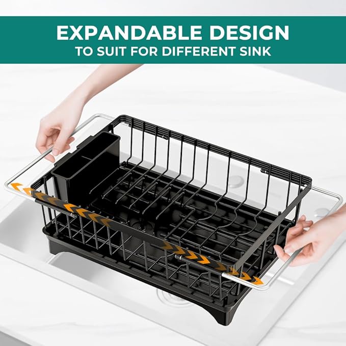 HANLE Small Dish Drying Rack in Sink, Expandable Stainless Steel Dish Drainers for Kitchen Counter, with Drain Board & Utensil Holder(Black)
