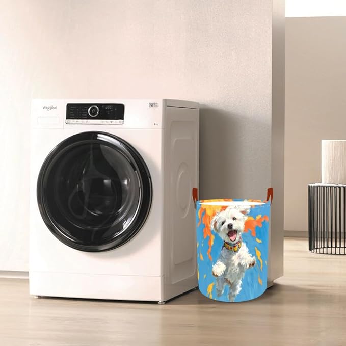 Laundry Basket 15.7x19.7 Inch Jumping White Dog with Sunshine Design Collapsible Laundry Hamper with Handles Oxford Fabric Foldable Clothes Storage Bin for Bedroom Bathroom Dorm