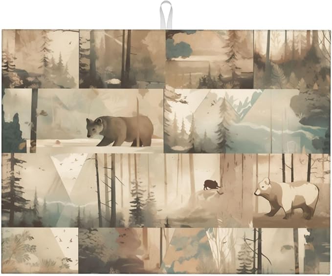 Retro Forest Bear Dish Drying Mat 18x24 For Kitchen Counter Absorbent Microfiber Dishes Pad Dish Drainer Rack Mats Fast Dry Kitchen Accessories