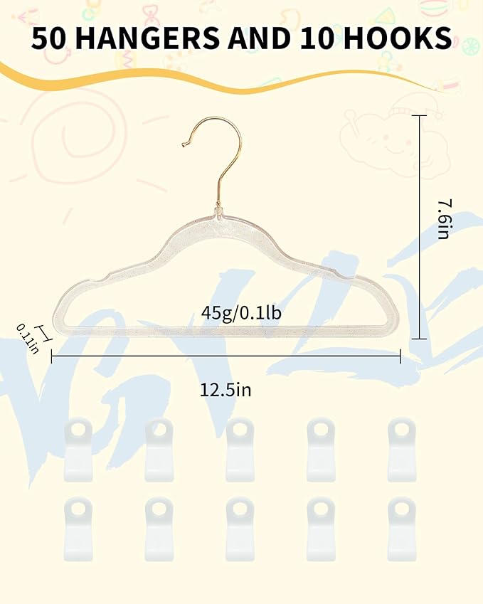 HGYZE Toddler Hangers for Kids Clothes Closet, 50pcs Slim Baby Hangers with 10 Connector Hooks for Infant Coat, Perchas de Plástico for Boy Nursery (Clear Sparkling Hangar with Gold Glitter)