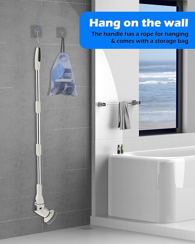 SAKAKI Electric Spin Scrubber Cordless Shower Cleaning Brush with 10 Replaceable Heads Powerful IPX7 Waterproof Bathroom Cleaner 3 Speeds Detachable Long Handle Voice Broadcast for Floor Car Kitchen