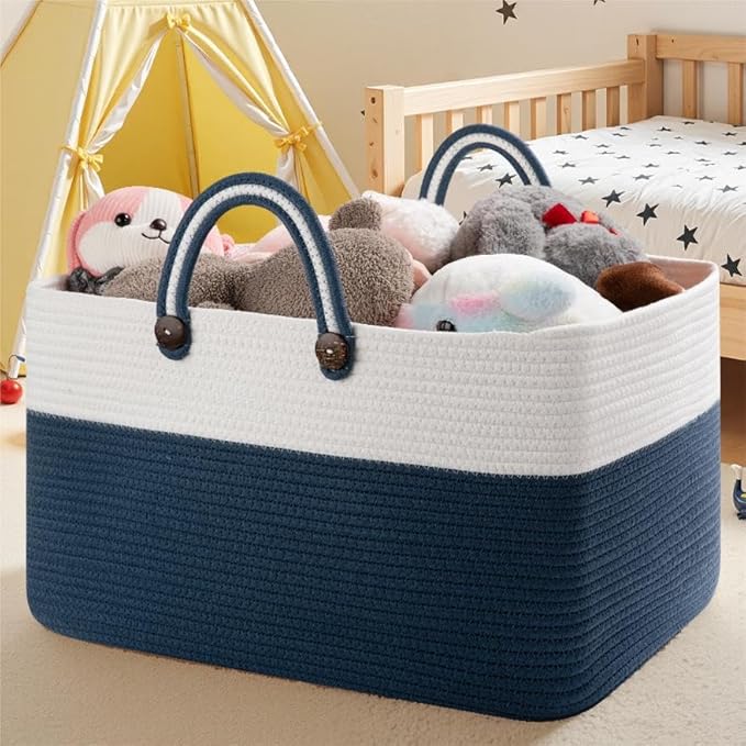 OIAHOMY 75L Large Blanket Basket, 22”x17”x12” Rectangle Woven Baskets For Storage, Nursery Blanket Storage Living Room, Toy Box With Long Handle-Gradient Blue With White