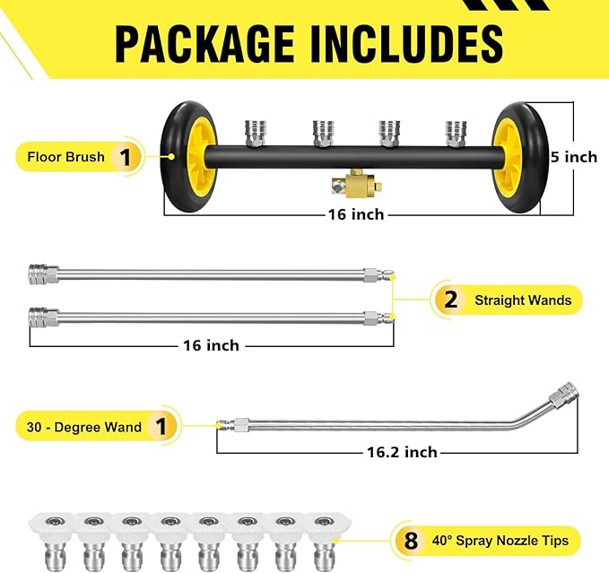 RAYNEL 16'' Pressure Washer Undercarriage Cleaner and Water Broom Attachment with 3 Pcs Extension Wands and 8 Nozzles - 4000PSI, 1/4'' Connector - for Electric and Gas Power Washers