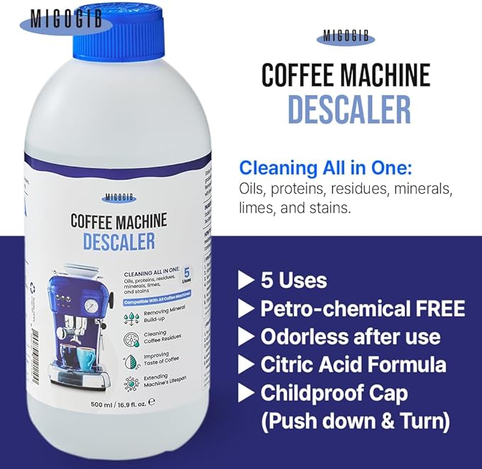 MIGOGIB Coffee Machine Descaler Descaling Solution - 17 fl. oz. (5 Uses), Compatible with Espresso, Capsule, Drip, Pour over machines, Coffee machine accessories, Pot, Thermos, and Carafes