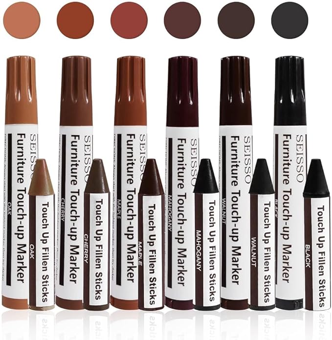 Wood Repair Markers- Furniture Touch Up Markers Kit, 6Pcs Wood Scratch Cover Markers and 6Pcs Wax Filler Sticks for Wooden Floors, Tables, Desks, Carpenters- Set of 13