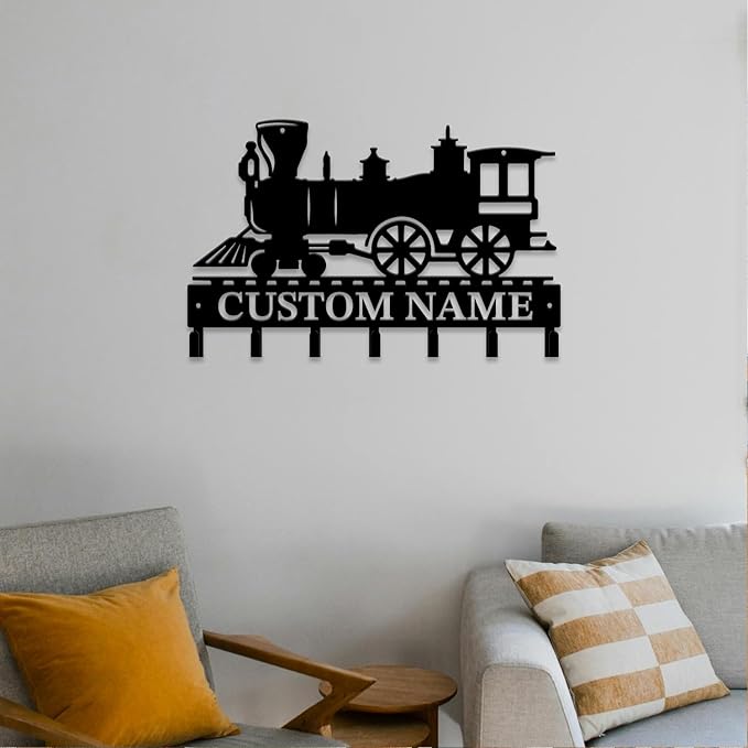 Personalized Train Metal Keys Hooks,Custom Name Metal Train Keys Hooks,Black Metal Train Wall Home Storage Decorative Keys Hooks,Key Holder Hooks for Wall (Style E)