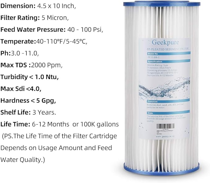 Geekpure 10-Inch Whole House Pleated PP Sediment Replacement Filter-4.5" x 10"-5 Micron-Pack of 4