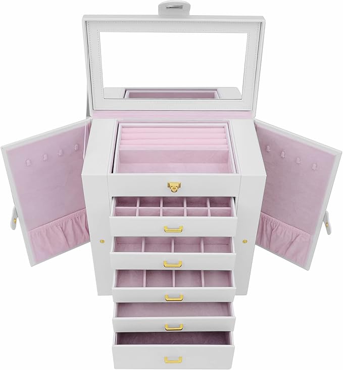 AKOZLIN Extra Large 6-Tier Jewelry Box Organizer with Mirror, 5 Drawers Leather Jewelry Storage Case for Women Girls Ring Necklace Earring Bracelet White