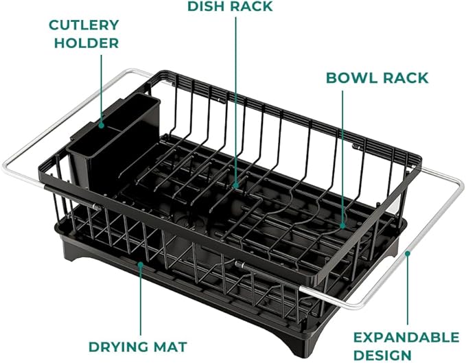 HANLE Small Dish Drying Rack in Sink, Expandable Stainless Steel Dish Drainers for Kitchen Counter, with Drain Board & Utensil Holder(Black)