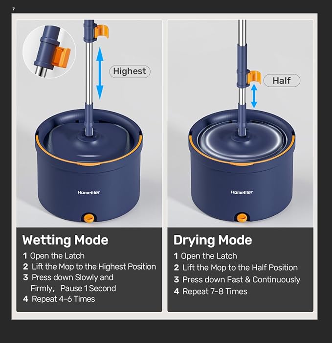 HoMettler Spin Mop and Bucket Set, Mop Bucket with Separate Dirty Water System, Deep-Cleaning Mops for Floors/Wall, Versatile Mops with 4 Microfiber Mop Pads