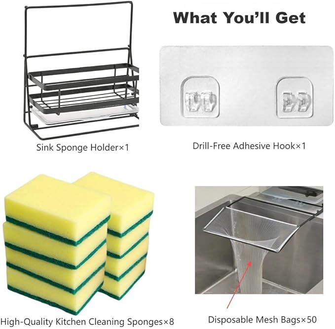Luoshanvee Kitchen Sink Caddy Countertop Organizer with Foldable Dish Rag Holder for Sponge Dish Soap Steel Wool Scrubber,Sink Caddy with Drain Rack Food Strainer