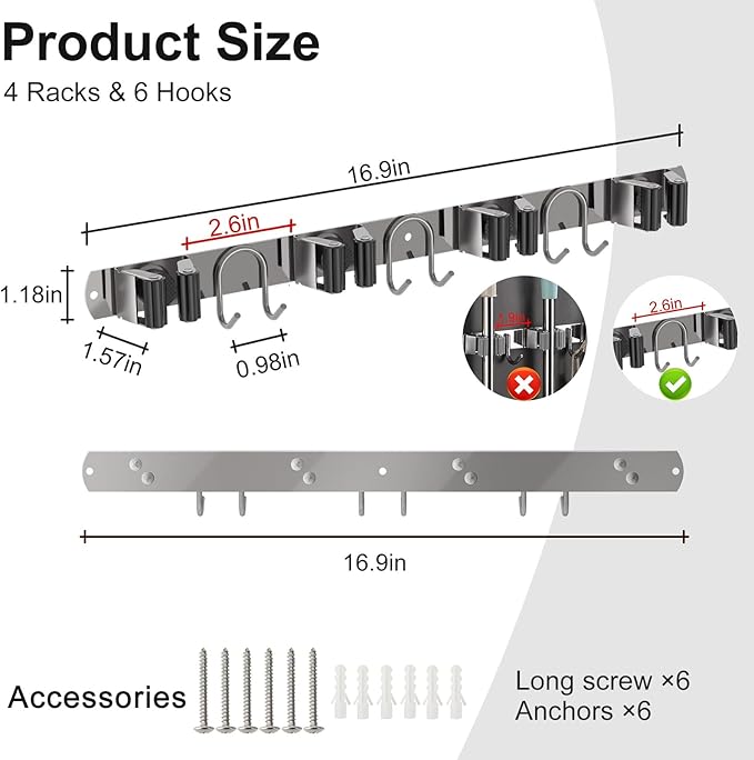 Mop Broom Holder Wall Mount, 2 Packs Silver Stainless Steel Tool Storage Organizer for Kitchen Garden Garage Laundry Room Bathroom and RV with 4 Slots 6 Hooks