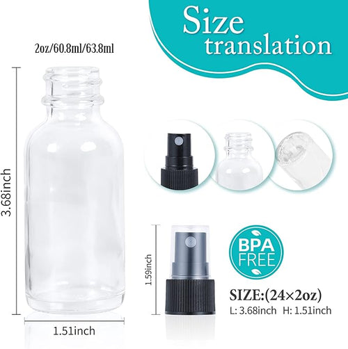2oz Glass Spray Bottle, Fine Mist Boston Glass Bottles with Black Fine Mist Sprayer Small Clear Bottles for Essential Oils, Bath, Beauty, Hair & Cleaning, Clear, Pack of 24