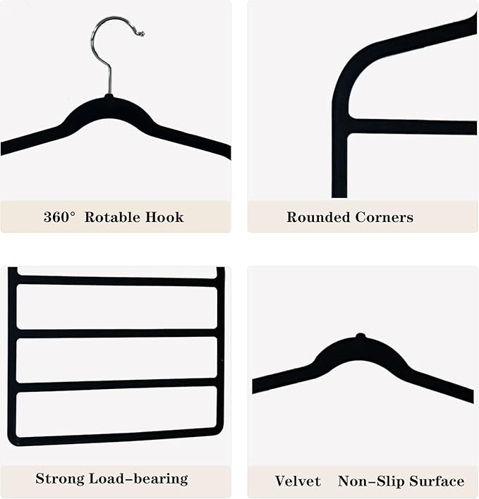 Velvet Pants Hangers Space Saving Hangers Closet Organizer for Jeans Slack Trousers Scarf Tie Pants Rack Leggings Hanger Non-Slip Hangers Multiple Clothes Holder (Black, 3)