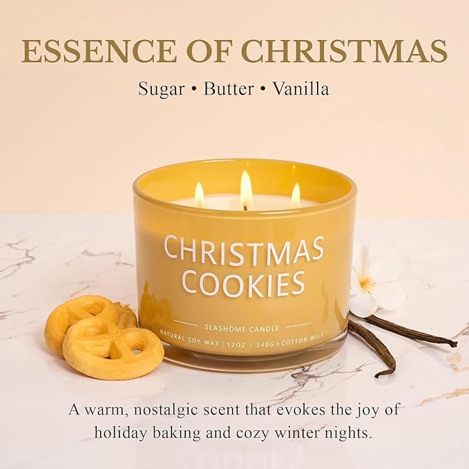 Christmas Cookies Scented Candle, Luxury Large 3 Wick Soy Candle 12 Oz, 60+ Hour Long Lasting Clean Burn, Elegant Aromatherapy Home Decor, Housewarming & Birthday Gift for Men & Women