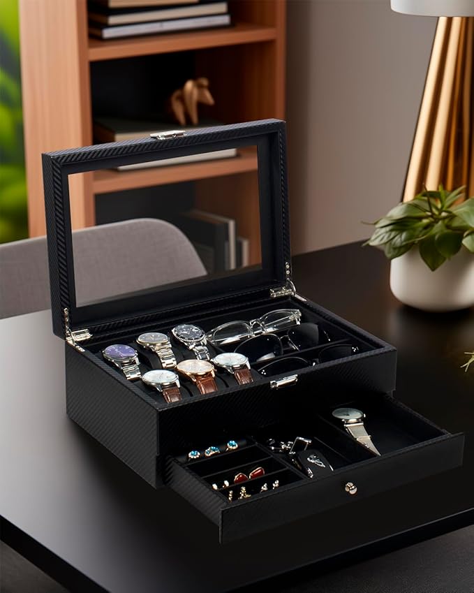 GUKA Watch box, 6 Slot Watch Case, 3 Slot Sunglass Organizer, Watch Cases for men with Real Glass Lid, Watch Organizer storage with Jewelry Case, Birthday for Men and Women, Black