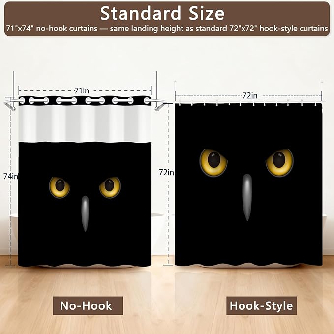 No Hook Black Shower Curtain, Animal Style Cool Owl Shower Curtain with Liner, Warerproof Fabric Cloth Shower Curtains with Sheer Top Window, Rustic Minimalist Mysterious Owl Pattern, 71x74 Inches