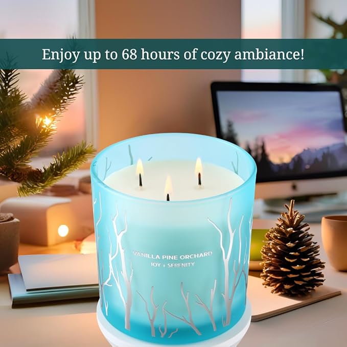 Vanilla Pine Orchard 3 Wick Soy Candle Large 14.5oz | Fresh Vanilla Pine Scented Candles for Home | Teal Blue Frosted Decorative Spring Candle | Clean Woodsy Scent | Aromatherapy Candle, Birthday Gift