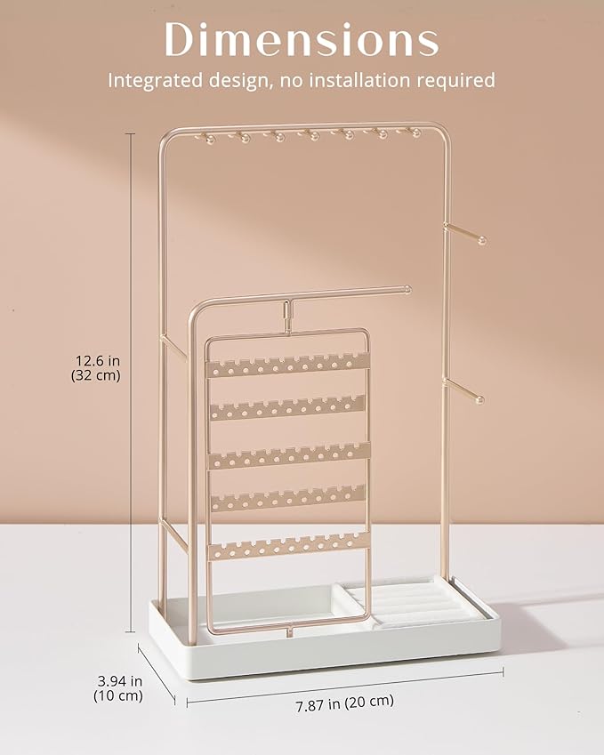 ProCase Jewelry Stand Holder Organizer, Jewelry Display Storage with Ring Tray, No-Assembly Needed, Rotating Earring Bracelet Necklace Holder, Christmas Gifts Room Dorm Decor for Teen Girls -Champagne