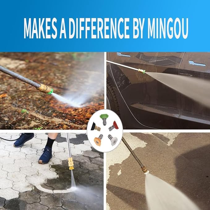 MINGOU Pressure Washer Tips Set Multiple Degrees, 6.0 GPM Power Washer Nozzle Tips 5 Pack, 1/4 Quick Connect（2.5/3.0/3.5/4.0/4.5/5.0/5.5/6.0GPM）