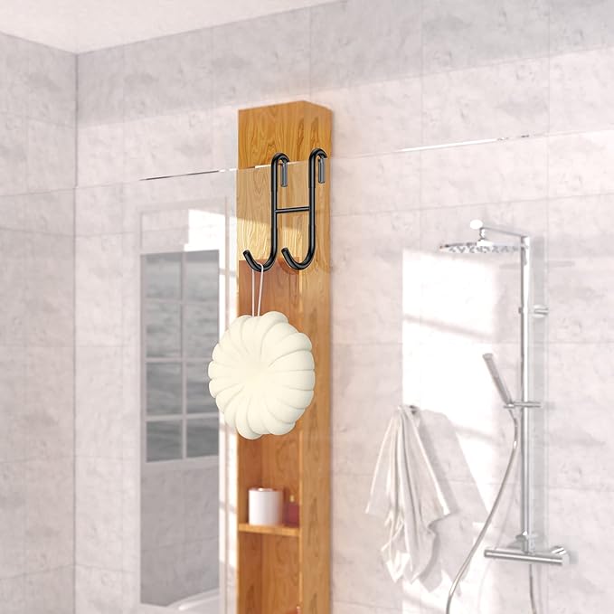 Over Shower Glass Door Hook, 304 Stainless Steel Rack Hooks, Frameless Bathroom Hanger Drilling-Free, Glue-Free Towel Hooks, 3 Pack, Black Shower Squeegee Hooks, for 0.47inch(12mm) Thickness Glass