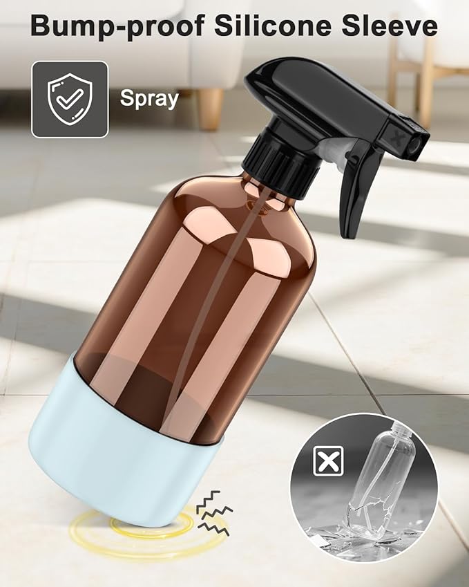 Bontip Amber Glass Spray Bottle with Silicone Sleeve Protection, 16 oz Refillable Spray Bottle for Cleaning Solutions, Plants, Aromatherapy, Facial Hydration (Blue Sleeve(Amber Bottle)