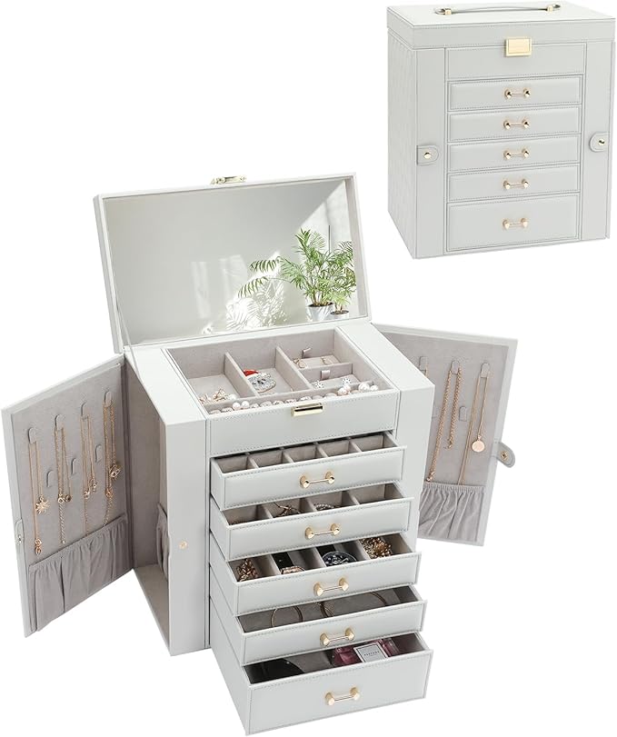 Large Jewelry Box,Jewelry Organizer Box with 5 Drawers,6-Tier Jewelry Boxes Organizers Jewelry Storage Case with Mirror,Extra Large Jewelry Boxes for Women(Grey)