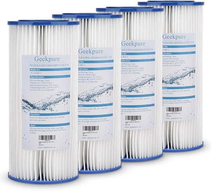 Geekpure 10-Inch Whole House Pleated PP Sediment Replacement Filter-4.5" x 10"-5 Micron-Pack of 4