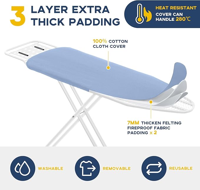 RAINHOL Full Size Ironing Board with Iron Rest, Heavy Duty Compact Ironing Board 43"x13" with Thick Cover and Pad, Height Adjustable Sturdy Iron Stand, Blue
