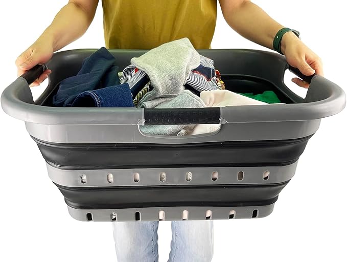 SAMMART 41L (10.8 gallon) Set of 2 Collapsible 3 Handled Plastic Laundry Basket-Foldable Pop Up Storage Container/Organizer-Portable Washing Tub-Space Saving Hamper/Basket (2, Grey/Black)