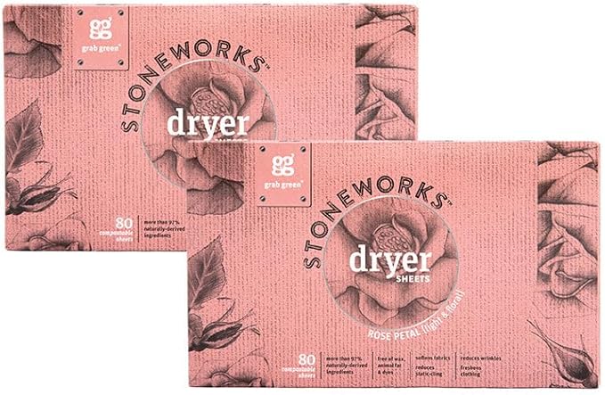 Grab Green Stoneworks Cruelty-Free Dryer Sheets | Softens Fabrics, Freshens Clothing & Reduces Static-Cling and Wrinkles | Plant Based | Rose Petal Scent (160 Sheets)
