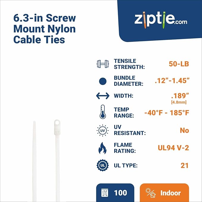 ZipTie.com 6.3-Inch Natural Zip Ties With Screw Hole - 50-lb Tensile Strength Cord Management & Secure Mounting - UL 21 Listed Tie Wraps - Indoor & Outdoor Multi-Purpose (100-Pack)