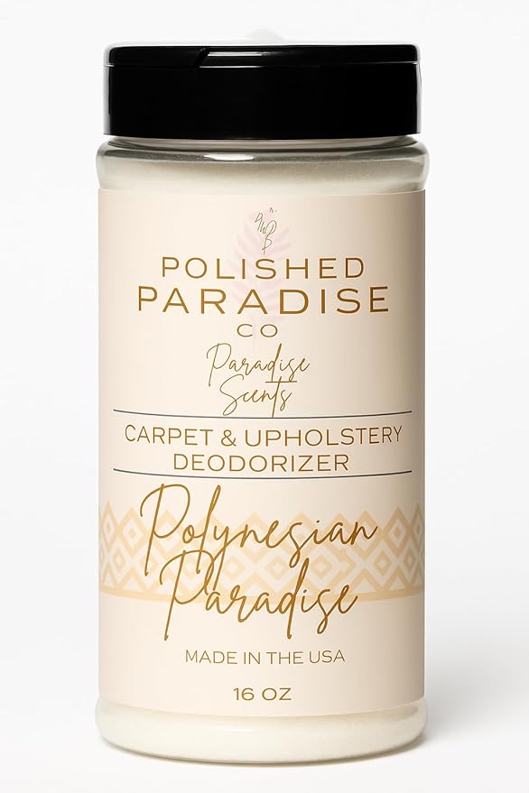 Polished Paradise Co Paradise Scents Carpet and Upholstery Deodorizer, Tropical Scent Powder for Rugs and Textiles, 16 Oz (Polynesian Paradise)