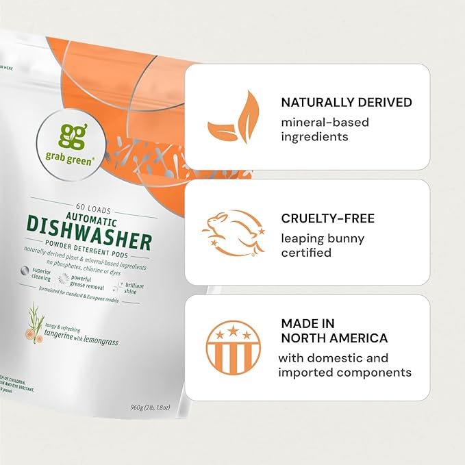 Grab Green Automatic Dishwashing Detergent Pods, 60 Count, Fragrance Free, Plant and Mineral Based, Superior Cleaning, Powerful Grease Removal, Brilliant Shine