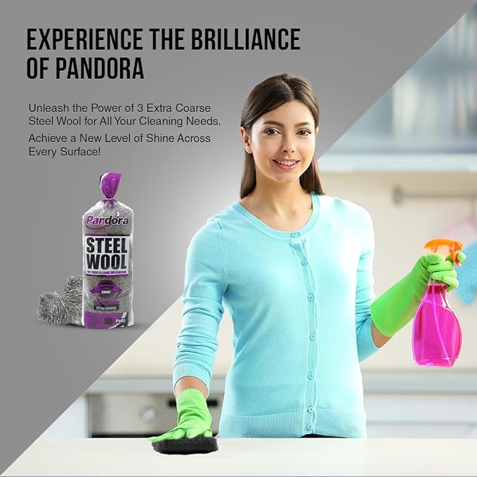 Pandora Steel Wool #3 – Extra Coarse Grade, 240 Pads for Tough Cleaning and Removing - Metal Strands - Ideal to Remove Rust, Grime, and Stubborn Stains